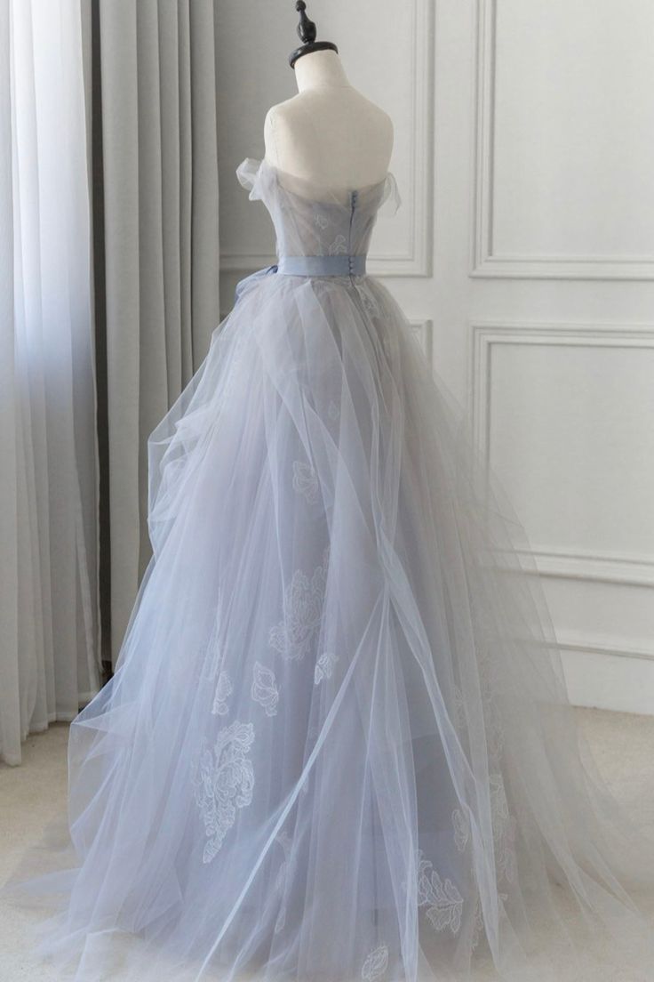 Light Blue A-Line Sheath Strapless Tulle Long Prom Dresses TP1607