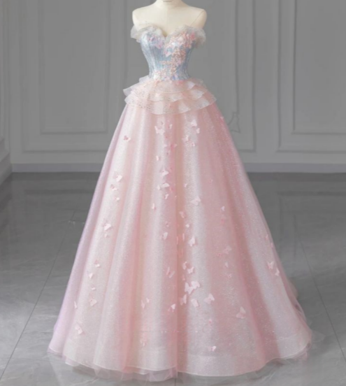 Pink A-Line Strapless Heart Neck Butterfly Tulle Long Prom Dresses TP1611