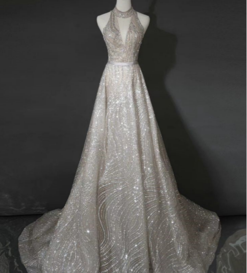 Silver A-Line Neckline Strapless Sequins Trailing Prom Dress Wedding TP1613