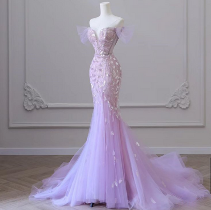Strapless Purple Mermaid Glitter Tulle Floor Length Ball Gowns TP1618