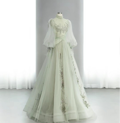 Green A-Line High Neck Long Sleeve Backless Tulle Long Prom Dresses TP1620