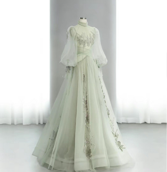 Green A-Line High Neck Long Sleeve Backless Tulle Long Prom Dresses TP1620