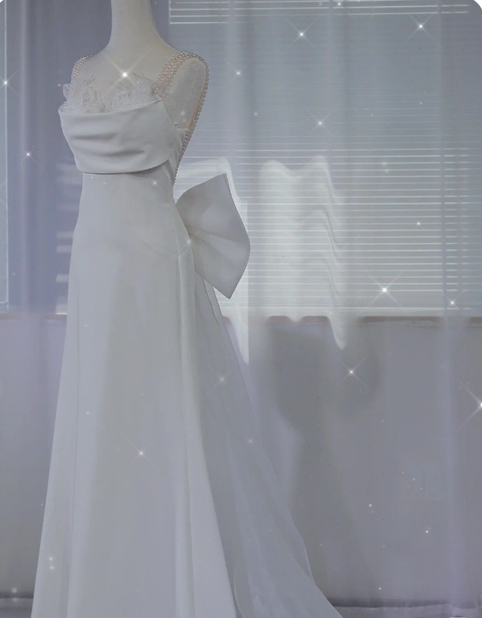 White A-Line Pearl Spaghetti Strap Satin Simple Long Prom Dresses TP1621