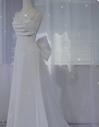 White A-Line Pearl Spaghetti Strap Satin Simple Long Prom Dresses TP1621