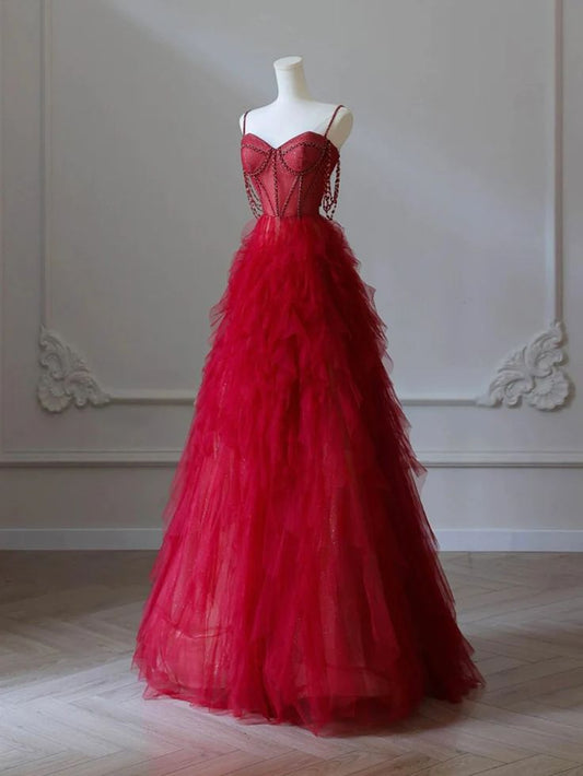 Burgundy A-Line Heart Neck Strapless Tulle Beaded Long Prom Dresses TP1622