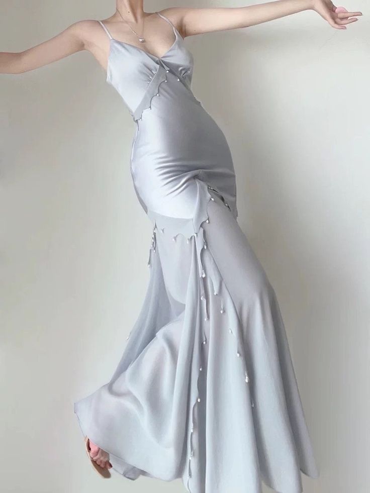 Gray Simple Mermaid V-Neck Spaghetti Strap Ankle Length Gowns TP1623