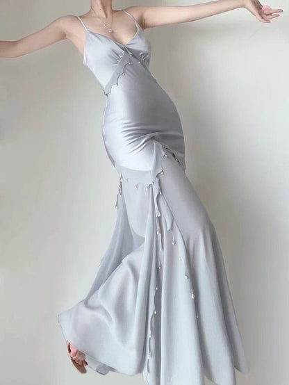 Gray Simple Mermaid V-Neck Spaghetti Strap Ankle Length Gowns TP1623