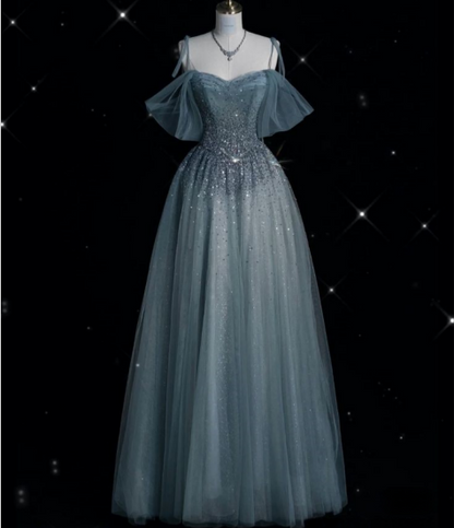 Blue Strapless Spaghetti Strap A Line Sequined Tulle Long Prom Dresses TP1624