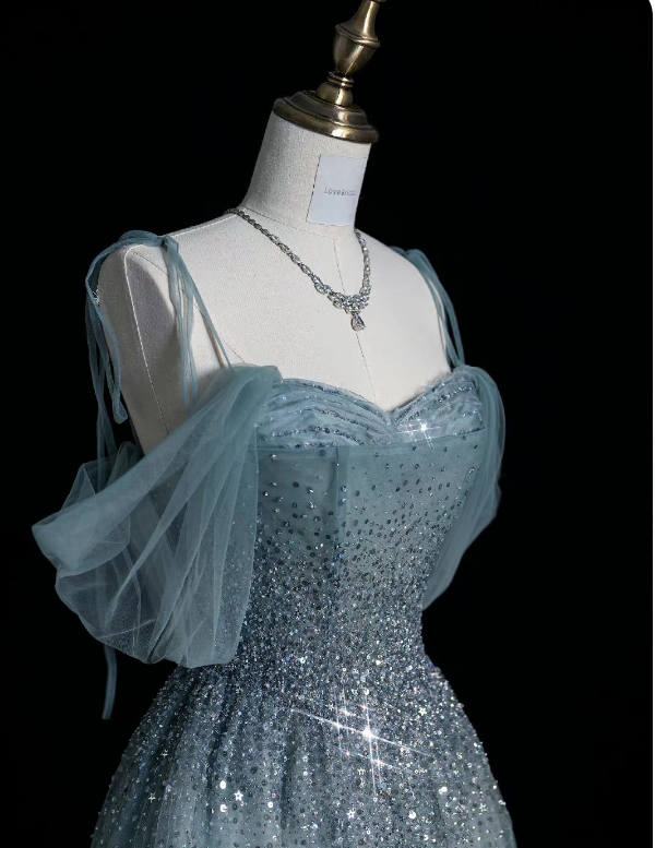 Blue Strapless Spaghetti Strap A Line Sequined Tulle Long Prom Dresses TP1624