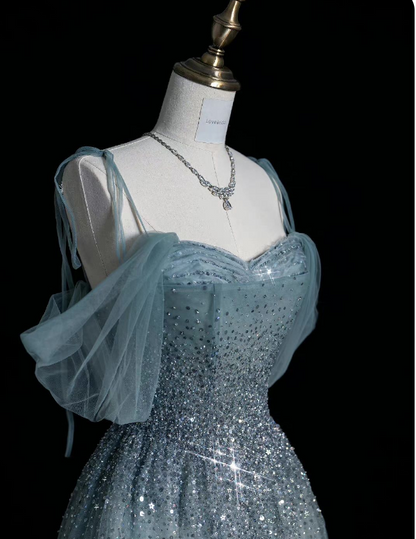 Blue Strapless Spaghetti Strap A Line Sequined Tulle Long Prom Dresses TP1624