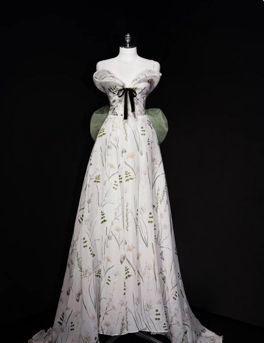 White A-Line Floral Strapless Strapless Bowknot Floor Length Prom Dresses TP1625