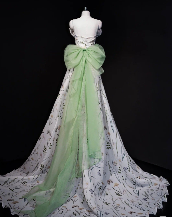 White A-Line Floral Strapless Strapless Bowknot Floor Length Prom Dresses TP1625