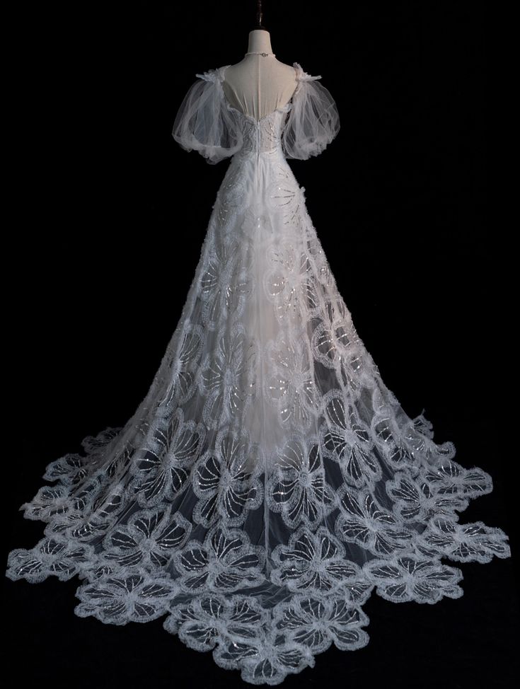 White A-Line Short Sleeve Floral Tulle Long Floor Length Prom Dresses TP1626