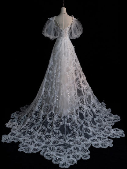 White A-Line Short Sleeve Floral Tulle Long Floor Length Prom Dresses TP1626