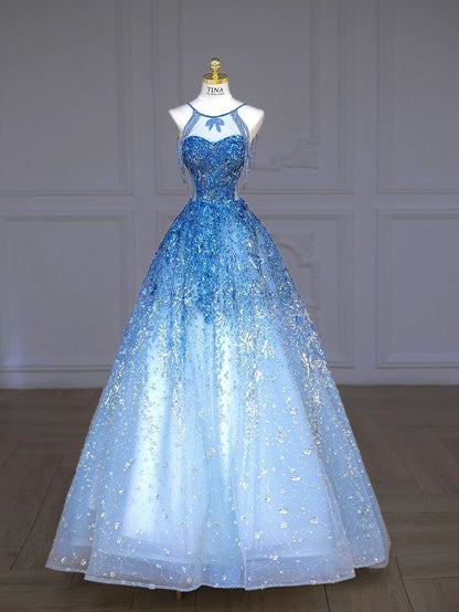 Jewel Blue A-Line Round Neck Sleeveless Sequins Glitter Tulle Long Prom Dresses TP1630