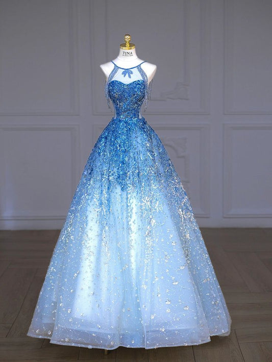 Jewel Blue A-Line Round Neck Sleeveless Sequins Glitter Tulle Long Prom Dresses TP1630