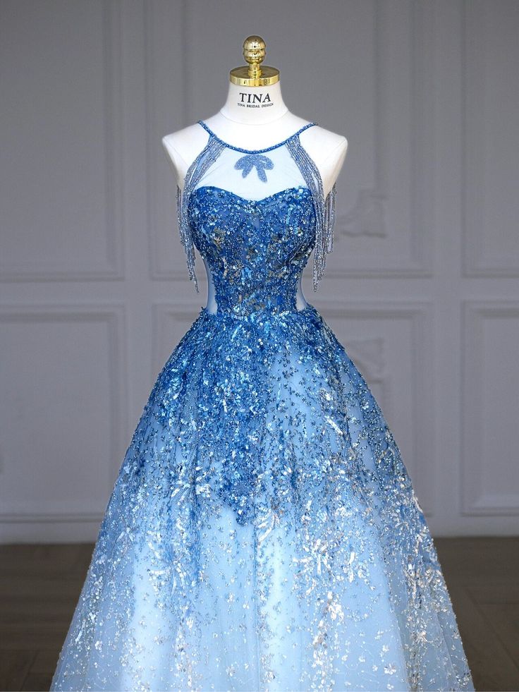Jewel Blue A-Line Round Neck Sleeveless Sequins Glitter Tulle Long Prom Dresses TP1630