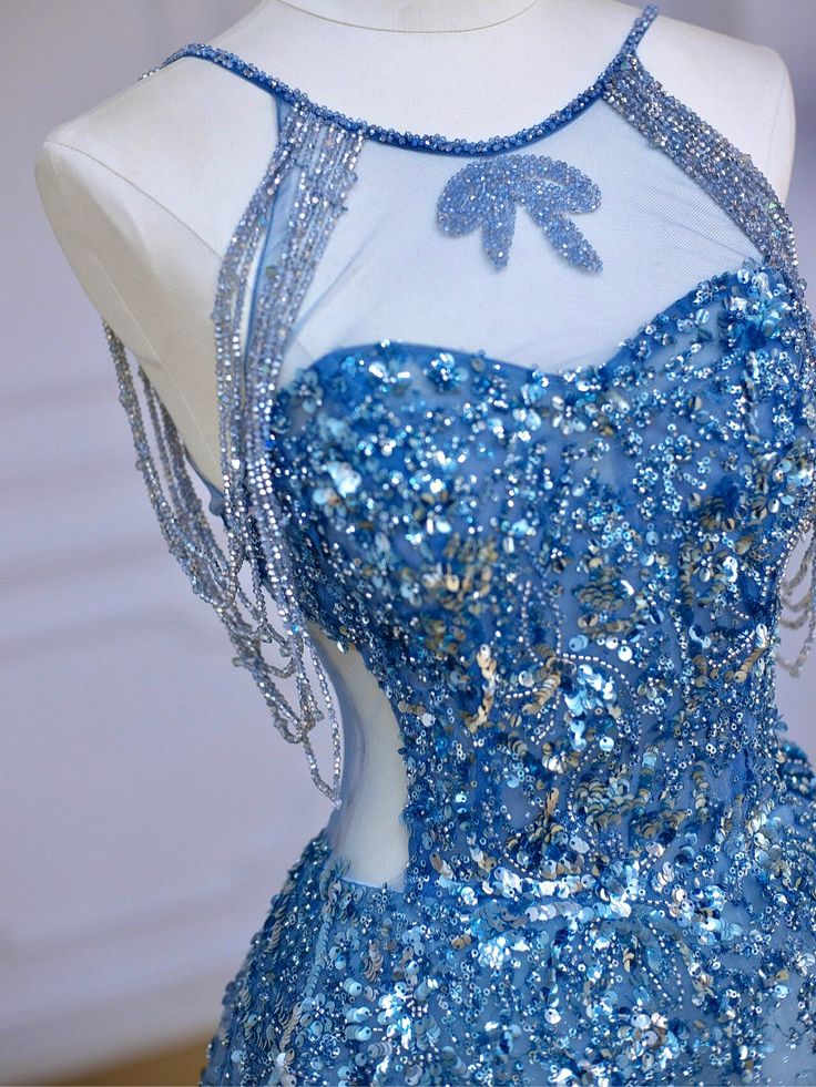 Jewel Blue A-Line Round Neck Sleeveless Sequins Glitter Tulle Long Prom Dresses TP1630