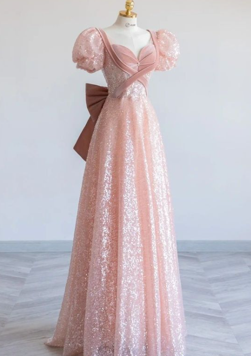Pink A-Line Short Sleeve Sequin Bow Long Prom Dresses TP1635