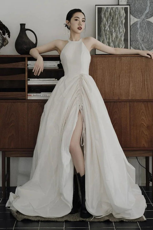 Ivory Satin Neckline High Slit Long Ball Gowns  TP1637
