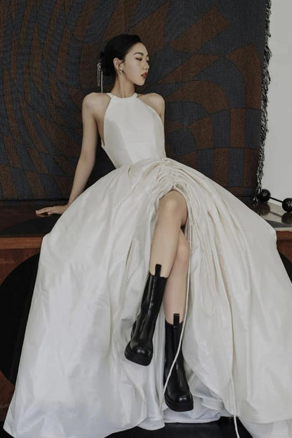Ivory Satin Neckline High Slit Long Ball Gowns  TP1637