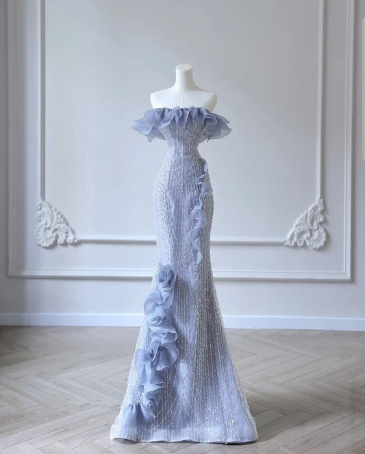 Blue Mermaid One Neck Strapless 3D Flower Beaded Tulle Floor Length Evening Dresses  TP1640