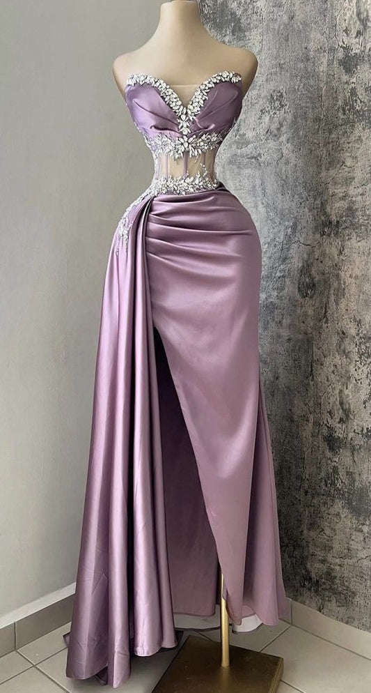Purple Mermaid Heart Shaped Neck Strapless Beaded High Split Satin Long Prom Dress  TP1642