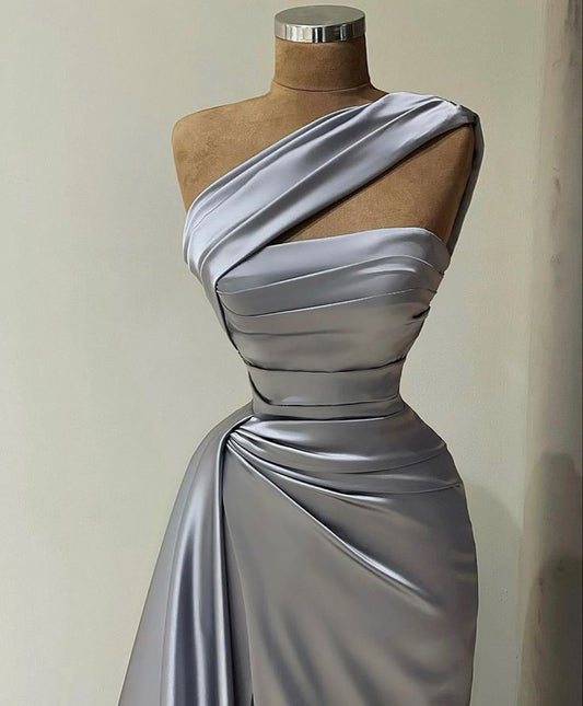 Gray Single Strap High Split Satin Long Ball Gowns  TP1644