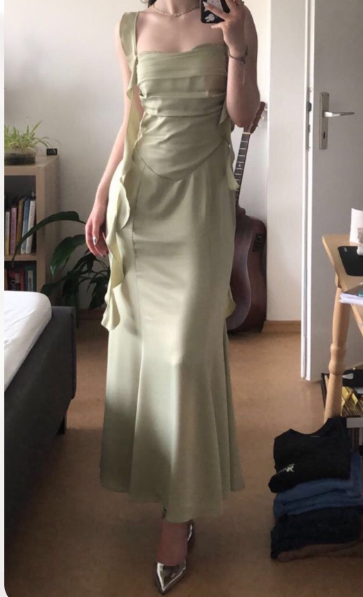 Green Slim Spaghetti Strap Satin Ankle Length Dress TP1648