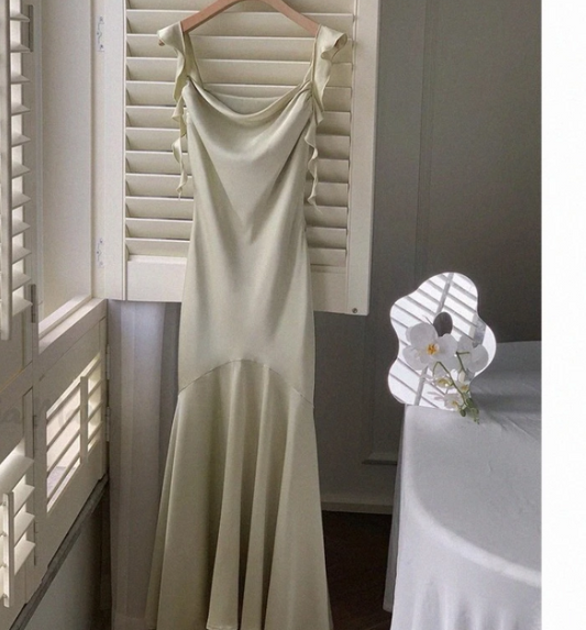 Green Slim Spaghetti Strap Satin Ankle Length Dress TP1648