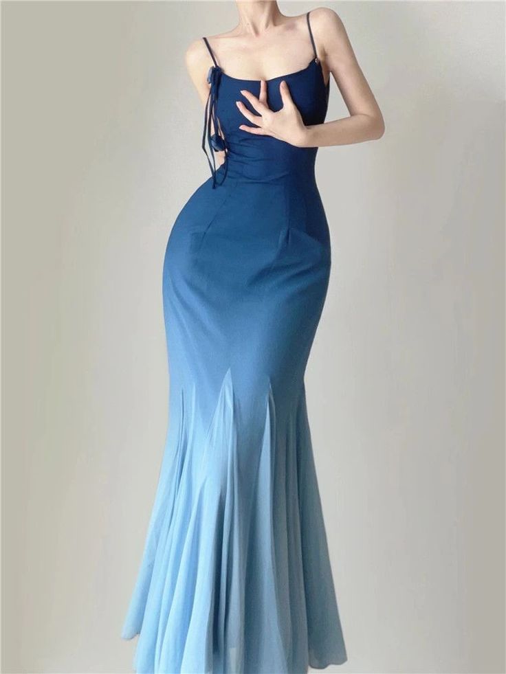 Gradient Blue Mermaid Spaghetti Strap Simple Ankle Length Prom Dresses TP1652