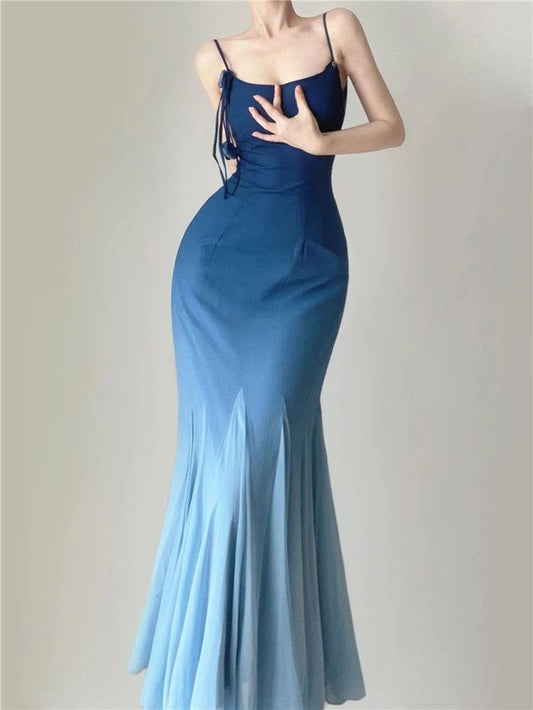 Gradient Blue Mermaid Spaghetti Strap Simple Ankle Length Prom Dresses TP1652