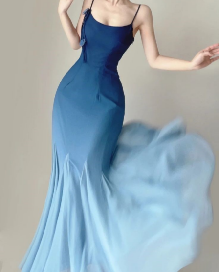 Gradient Blue Mermaid Spaghetti Strap Simple Ankle Length Prom Dresses TP1652