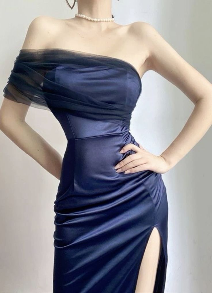 Blue Mermaid Strapless Strapless Tulle Satin High Split Prom Dresses TP1654