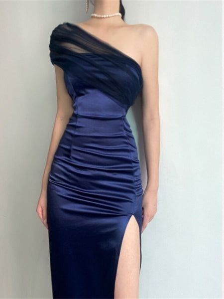 Blue Mermaid Strapless Strapless Tulle Satin High Split Prom Dresses TP1654