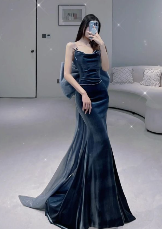 Blue Mermaid Spaghetti Strap Velvet Bow Floor Length Prom Dresses TP1656