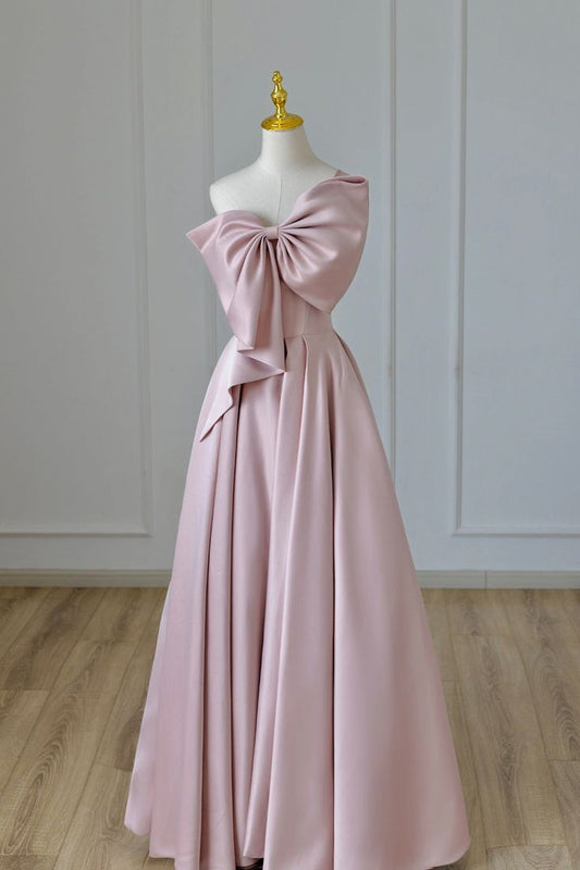 Pink A-Line One-Shoulder Satin Bow Long Prom Dresses TP1660