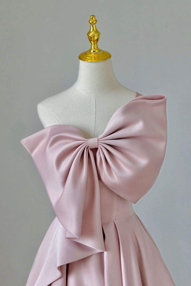 Pink A-Line One-Shoulder Satin Bow Long Prom Dresses TP1660