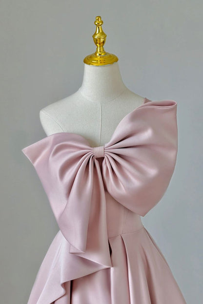 Pink A-Line One-Shoulder Satin Bow Long Prom Dresses TP1660