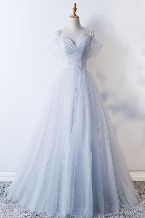 Pale Blue Strapless Spaghetti Strap A-Line Tulle Long Prom Dresses TP1664