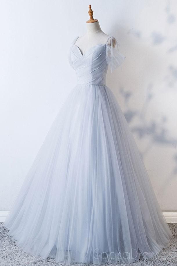 Pale Blue Strapless Spaghetti Strap A-Line Tulle Long Prom Dresses TP1664