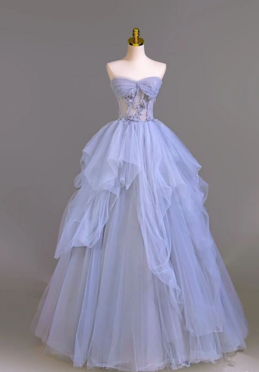 Lavender Purple A-Line Strapless Heart Neck Tulle Long Evening Dresses TP1669