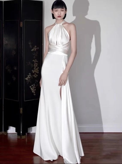 Vintage Ivory Halter Dress Design Simple A-Line Satin Long Evening Gown Prom Dress TP1670