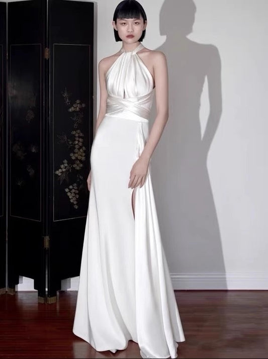 Vintage Ivory Halter Dress Design Simple A-Line Satin Long Evening Gown Prom Dress TP1670