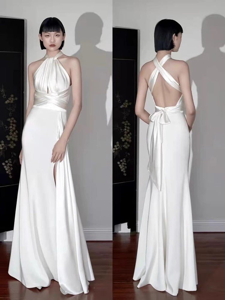 Vintage Ivory Halter Dress Design Simple A-Line Satin Long Evening Gown Prom Dress TP1670