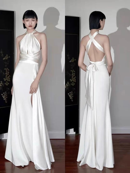 Vintage Ivory Halter Dress Design Simple A-Line Satin Long Evening Gown Prom Dress TP1670