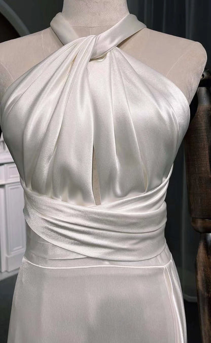 Vintage Ivory Halter Dress Design Simple A-Line Satin Long Evening Gown Prom Dress TP1670