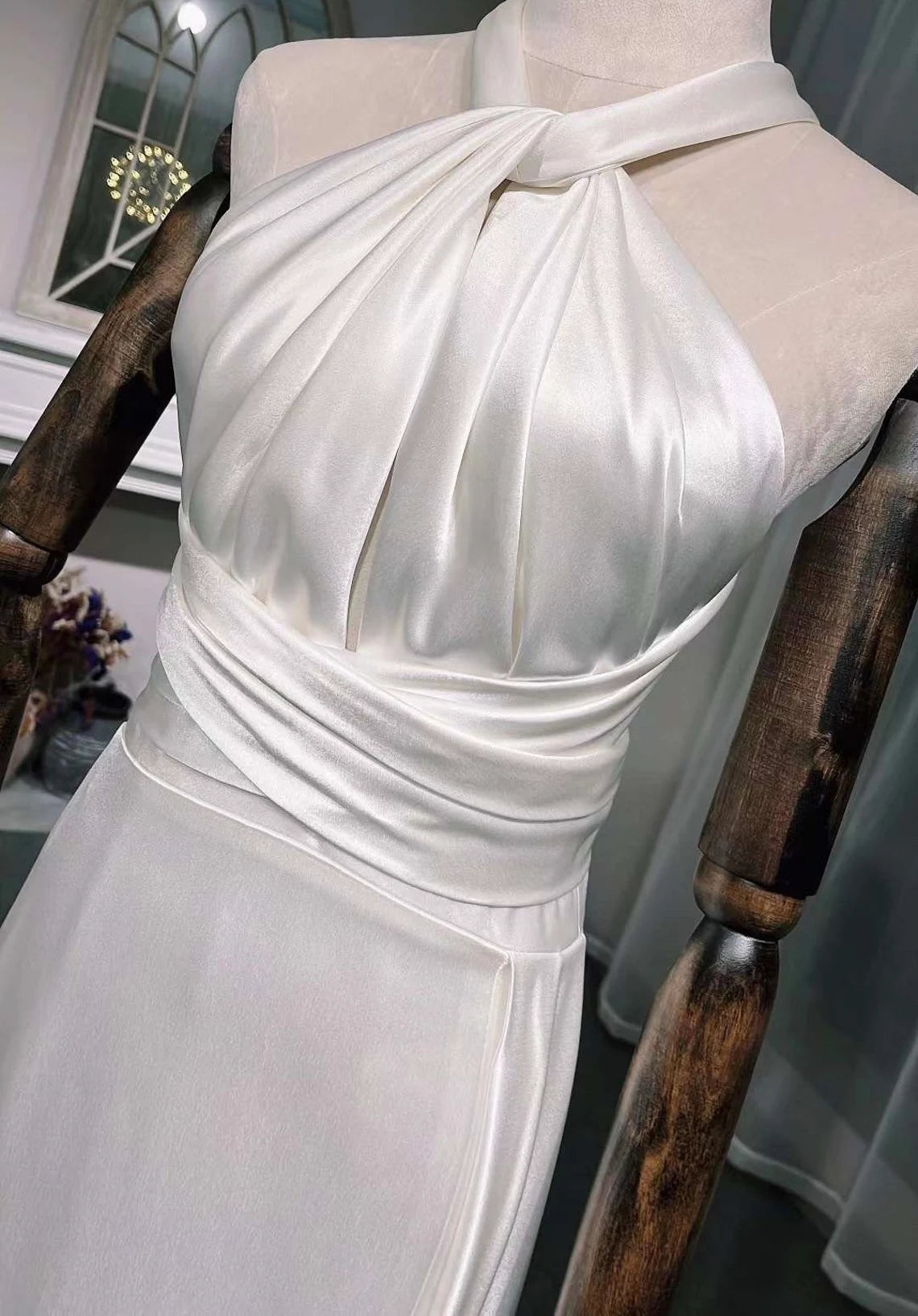 Vintage Ivory Halter Dress Design Simple A-Line Satin Long Evening Gown Prom Dress TP1670