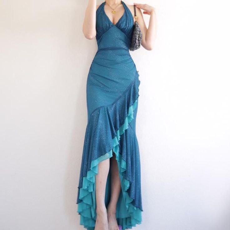 Blue High Low Ruffle Neckline Strapless Sparkling Evening Dresses TP1673