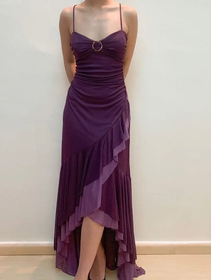 Dark Purple Spaghetti Straps Ruffles Vintage Long Prom Dress TP1674